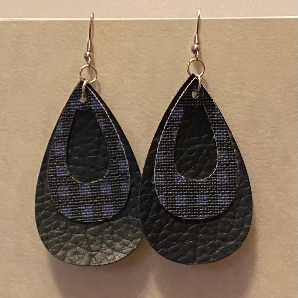 Handmade Faux Leather Blue and Black Earrings